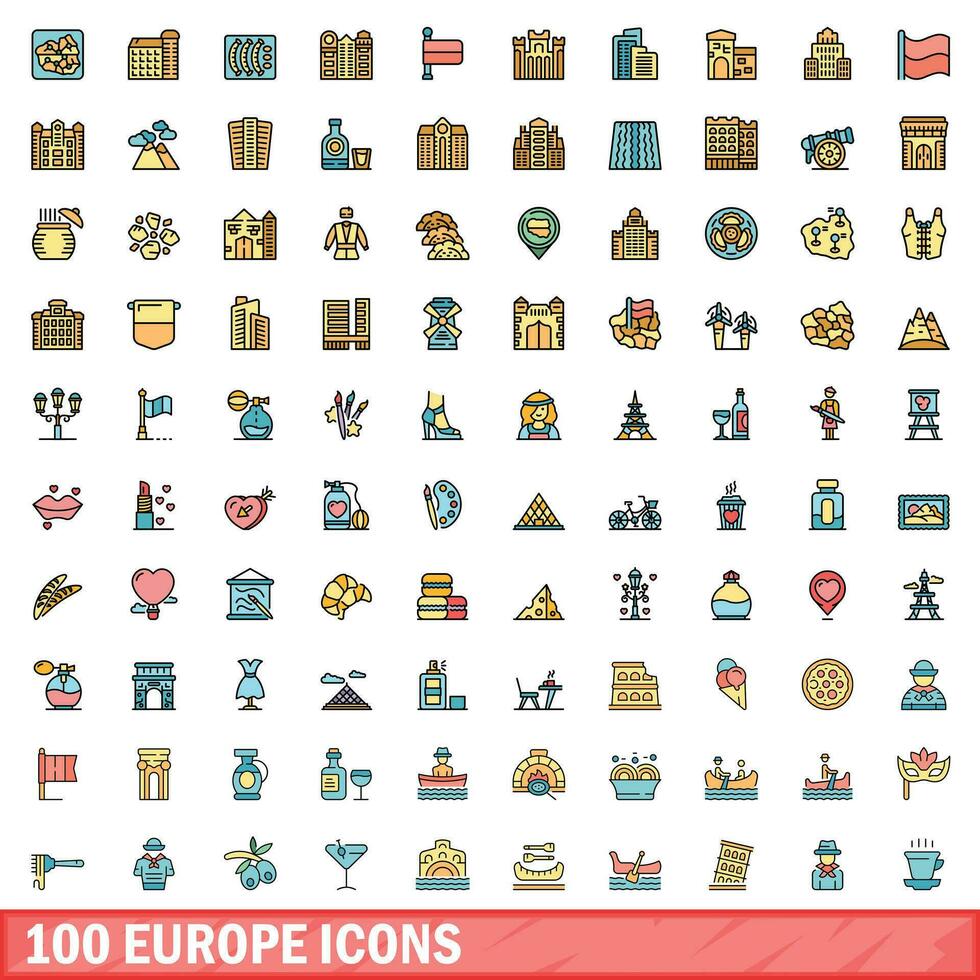 100 Europa ícones definir, cor linha estilo vetor