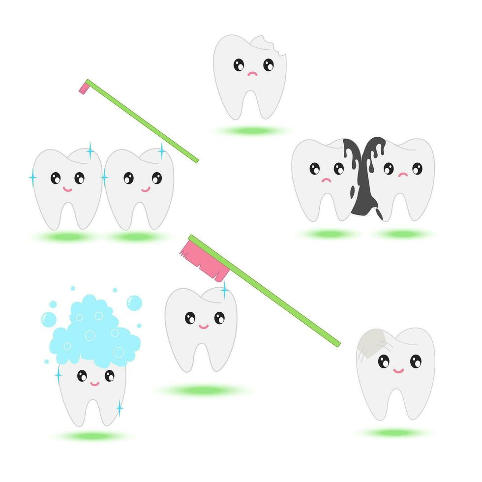 vetor conjunto do kawaii dentes, escovas de dentes, pasta de dentes e monofeixe escovar. dentes com diferente emoji. fofa desenho animado personagens. dental Cuidado conceito.