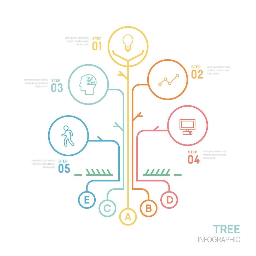 infográfico árvore diagrama modelo para negócios. Linha do tempo 5 degrau Setas; flechas nível, marketing dados, apresentação vetor infográficos.