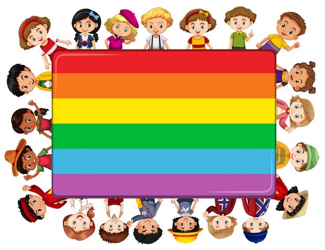 Placa do arco-íris com muitas crianças no fundo vetor
