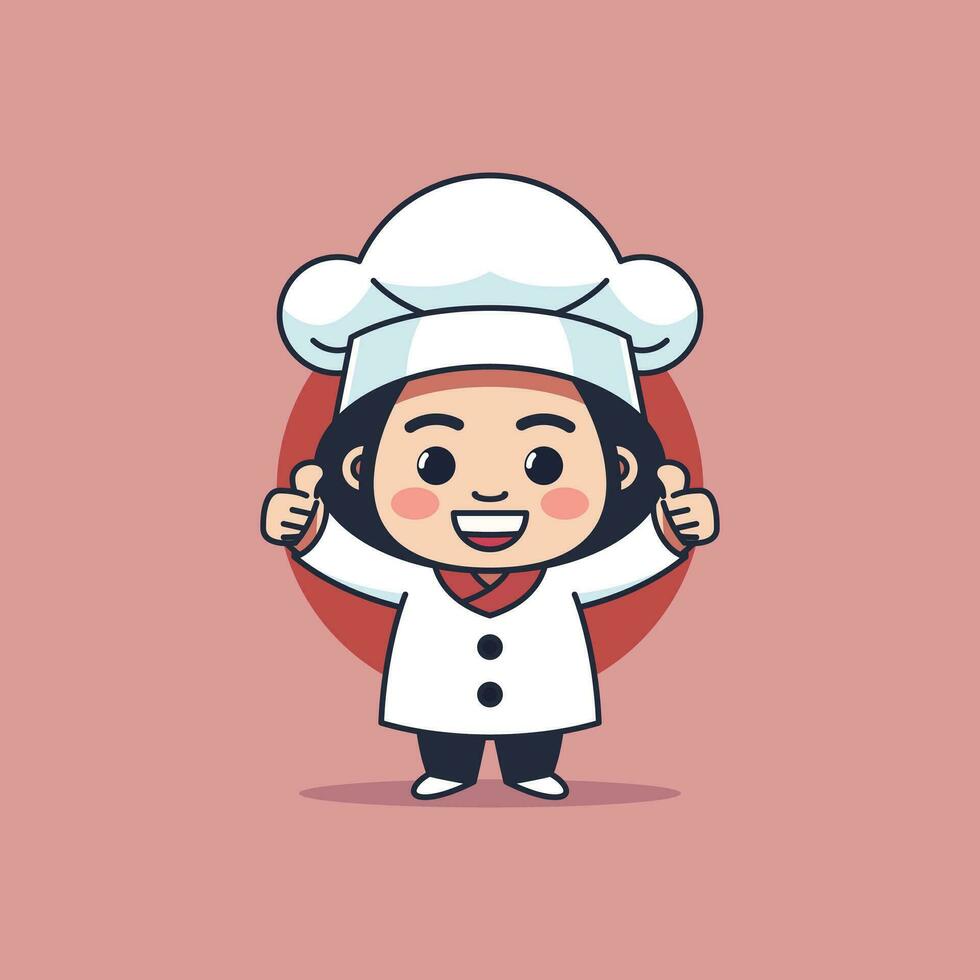 fofa e feliz chibi chefe de cozinha menina mascote com polegares acima gesto simples vetor ilustração