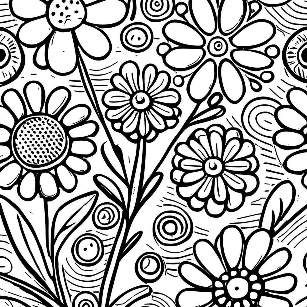 abstrato Preto e branco monocromático desenhado à mão flores textura padronizar rabisco vetor ilustração