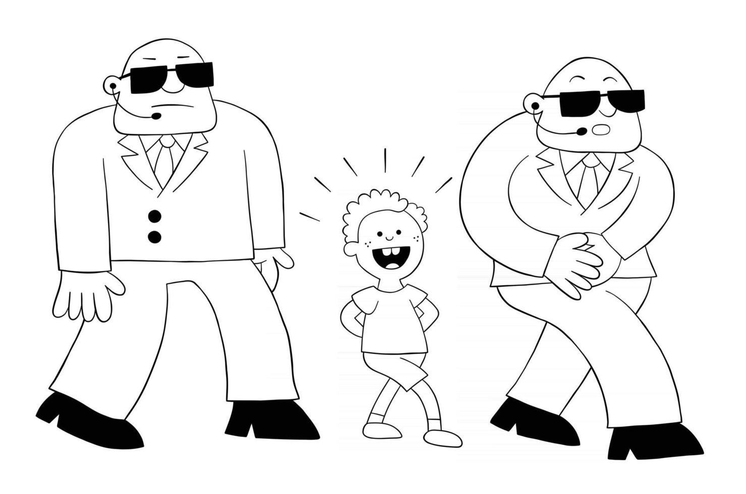 desenho animado menino andando com 2 guardas assustadores vetor