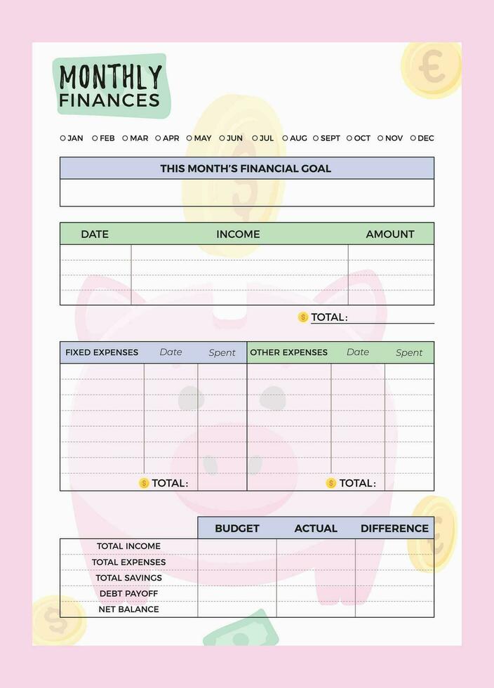 por mês finança planejador modelo. fofa e simples colorida imprimível o negócio organizador página. papel folha. vetor ilustração. minimalista planejadores.