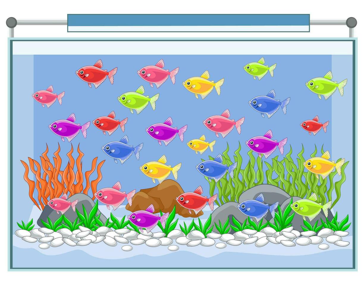 desenho animado brilhando peixe natação dentro aquário vetor