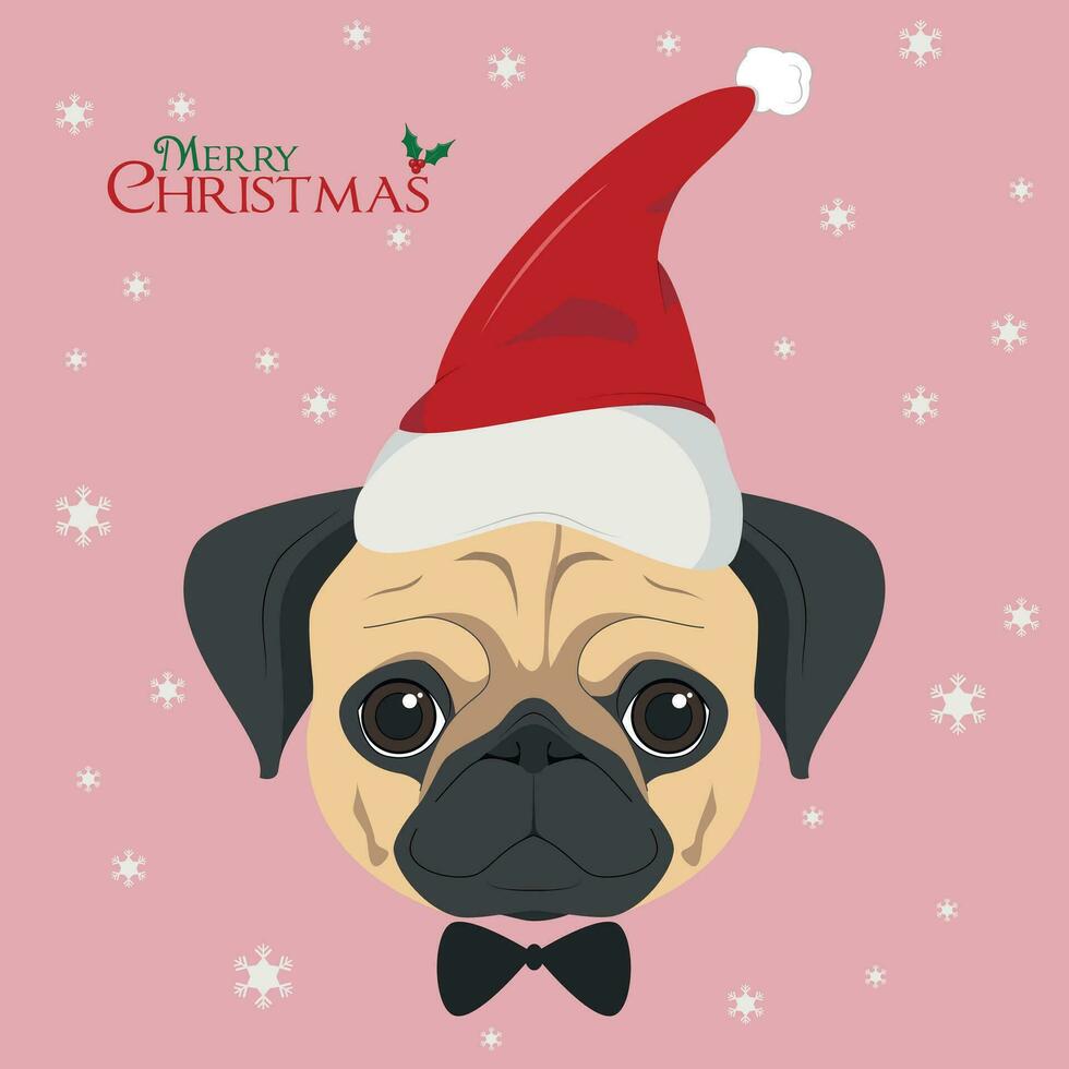 Natal cumprimento cartão. pug cachorro com vermelho papai noel chapéu vetor