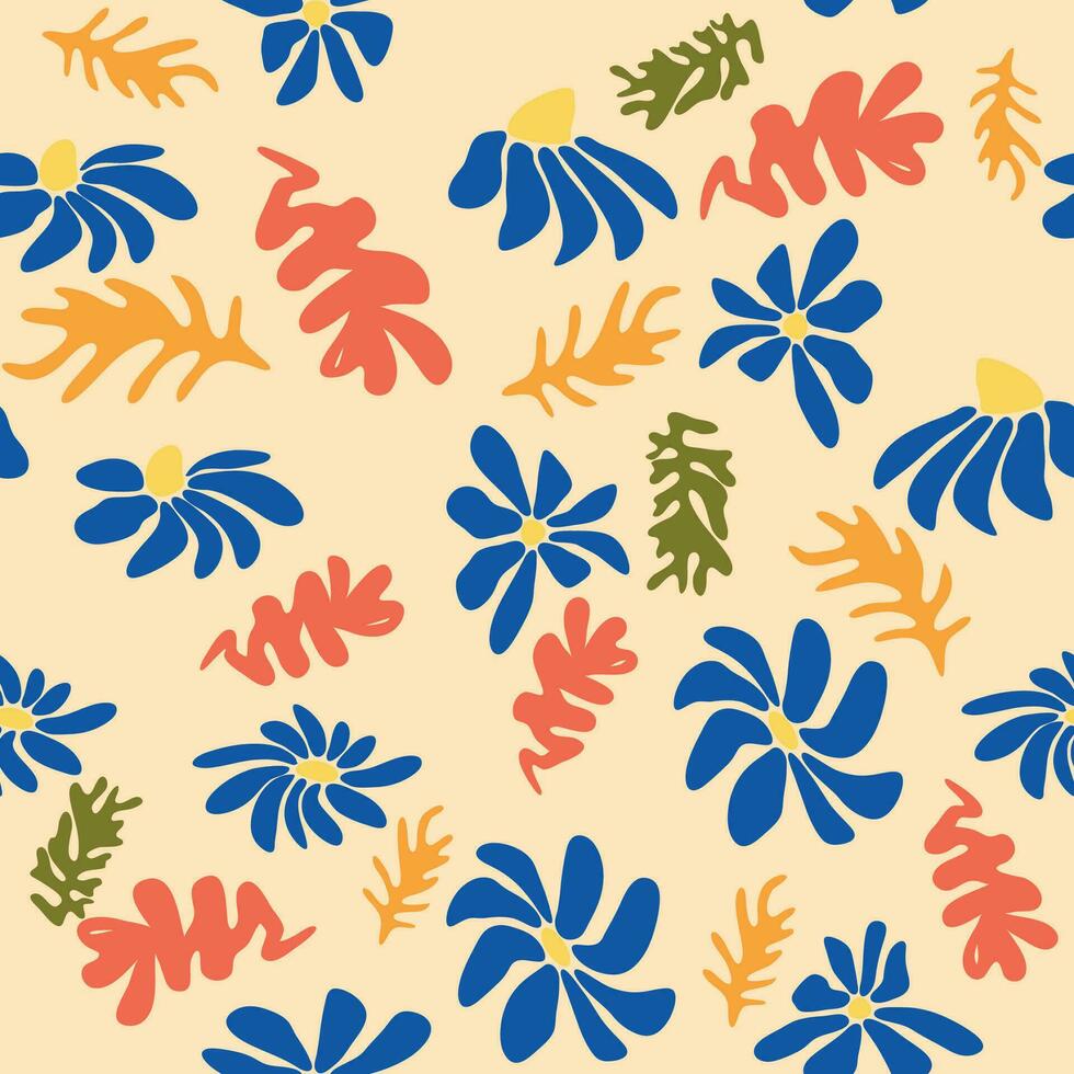 azul Matisse floral padrão, torto folhas e vermelho flores vetor