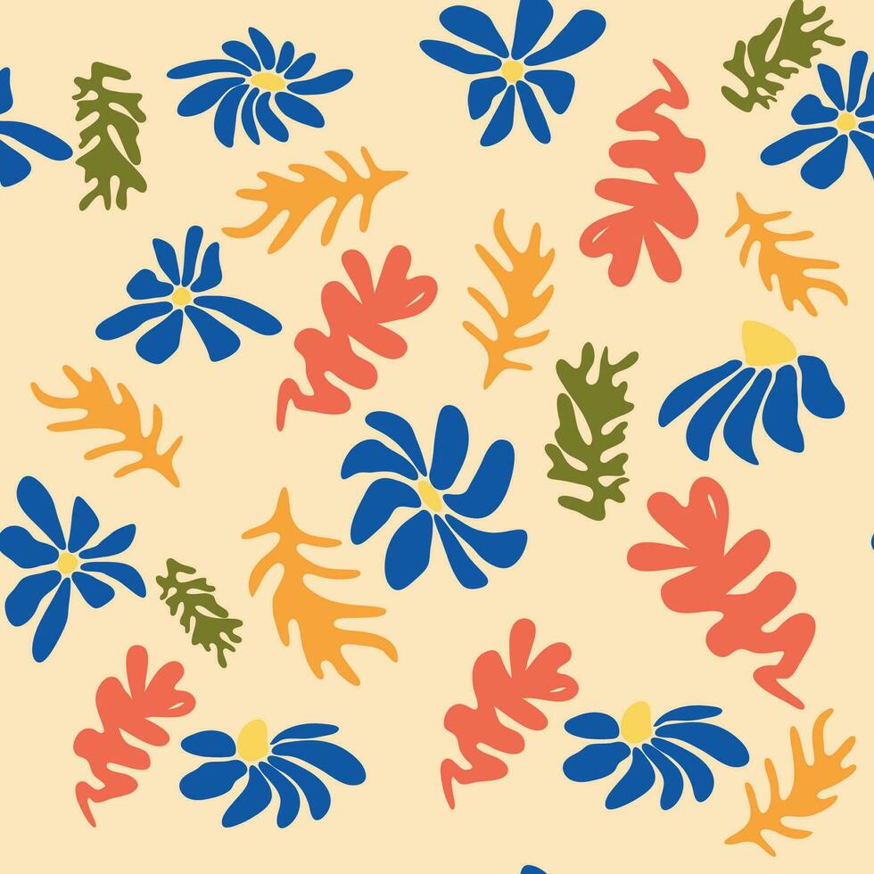 azul Matisse floral padrão, torto folhas e vermelho flores vetor