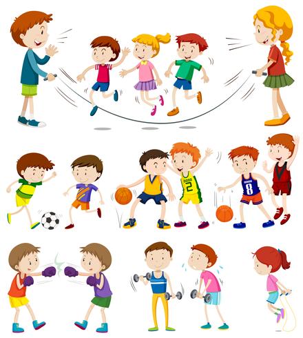 Crianças, jogar, diferente, esportes vetor