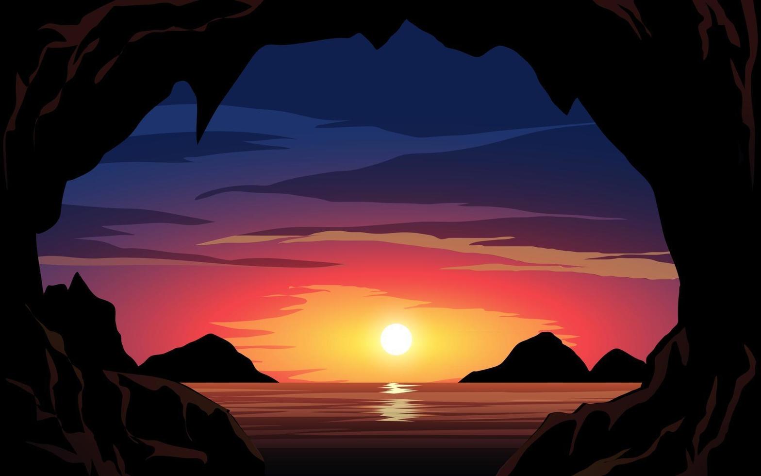vista do pôr do sol na praia com rocha vetor