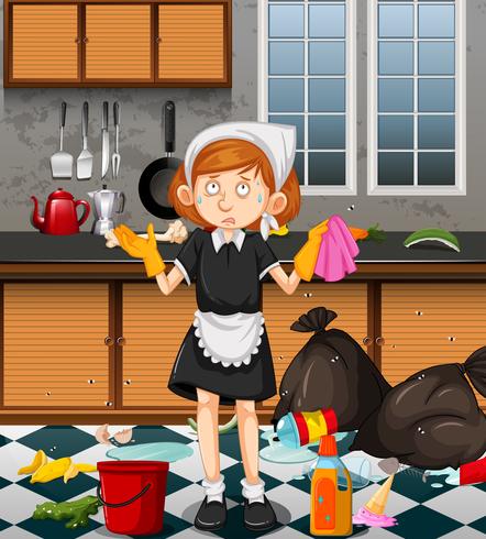 Uma empregada limpeza sujo cozinha vetor