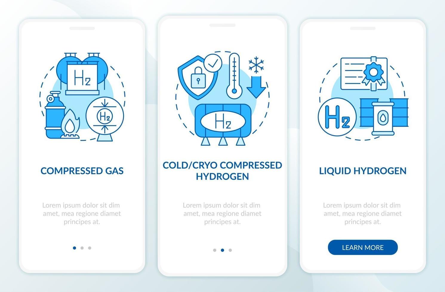métodos de armazenamento de hidrogênio na tela da página do aplicativo móvel vetor