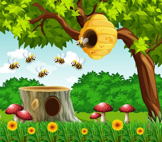 Cena jardim, com, abelhas, voando vetor