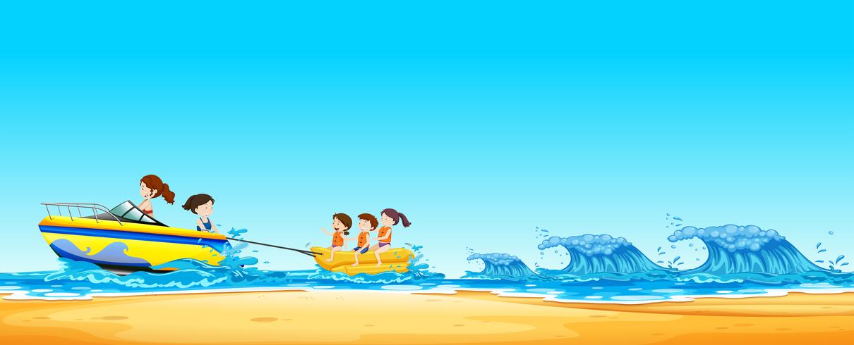 Crianças, montando, banana, bote, em, oceânicos vetor