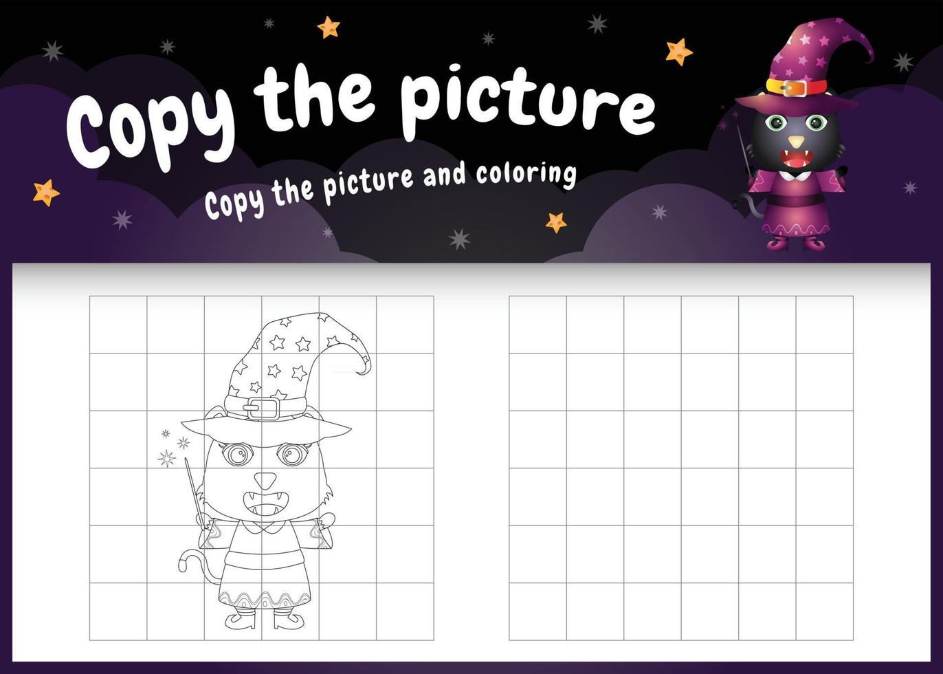 copie o jogo de imagem para crianças e a página para colorir com um lindo gato preto vetor