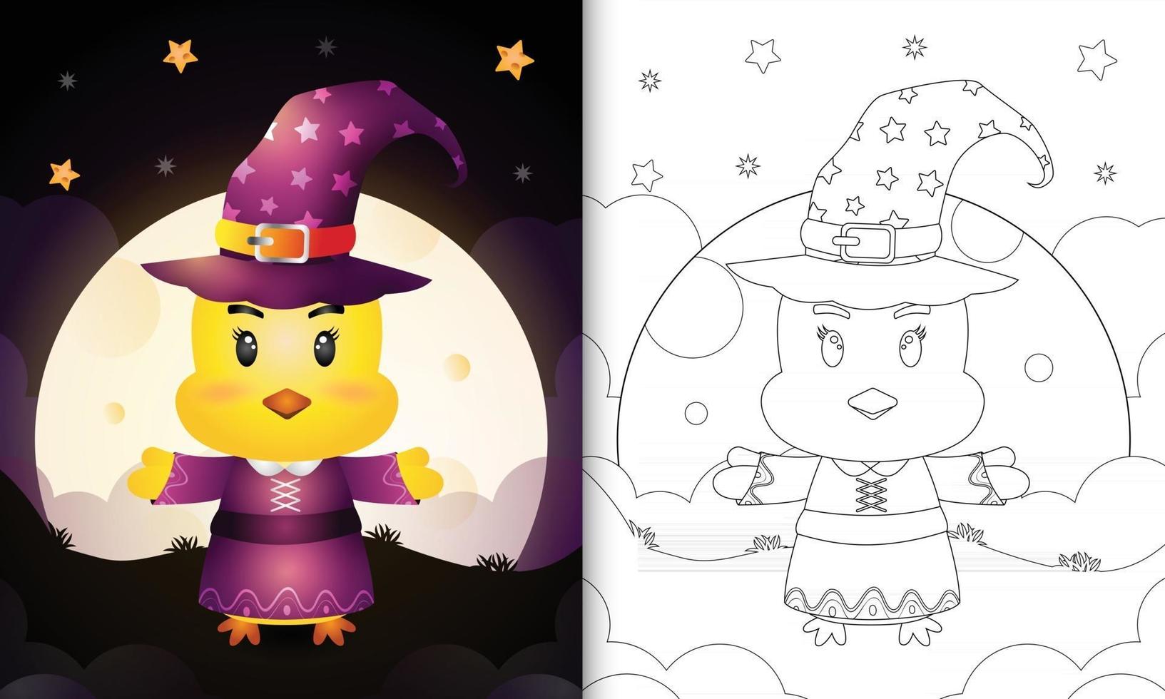 livro para colorir com uma garota fofa usando fantasia de bruxa de halloween vetor