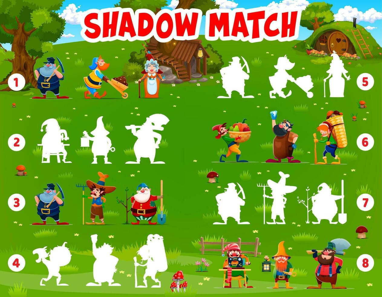 sombra Combine jogos com desenho animado engraçado gnomos vetor