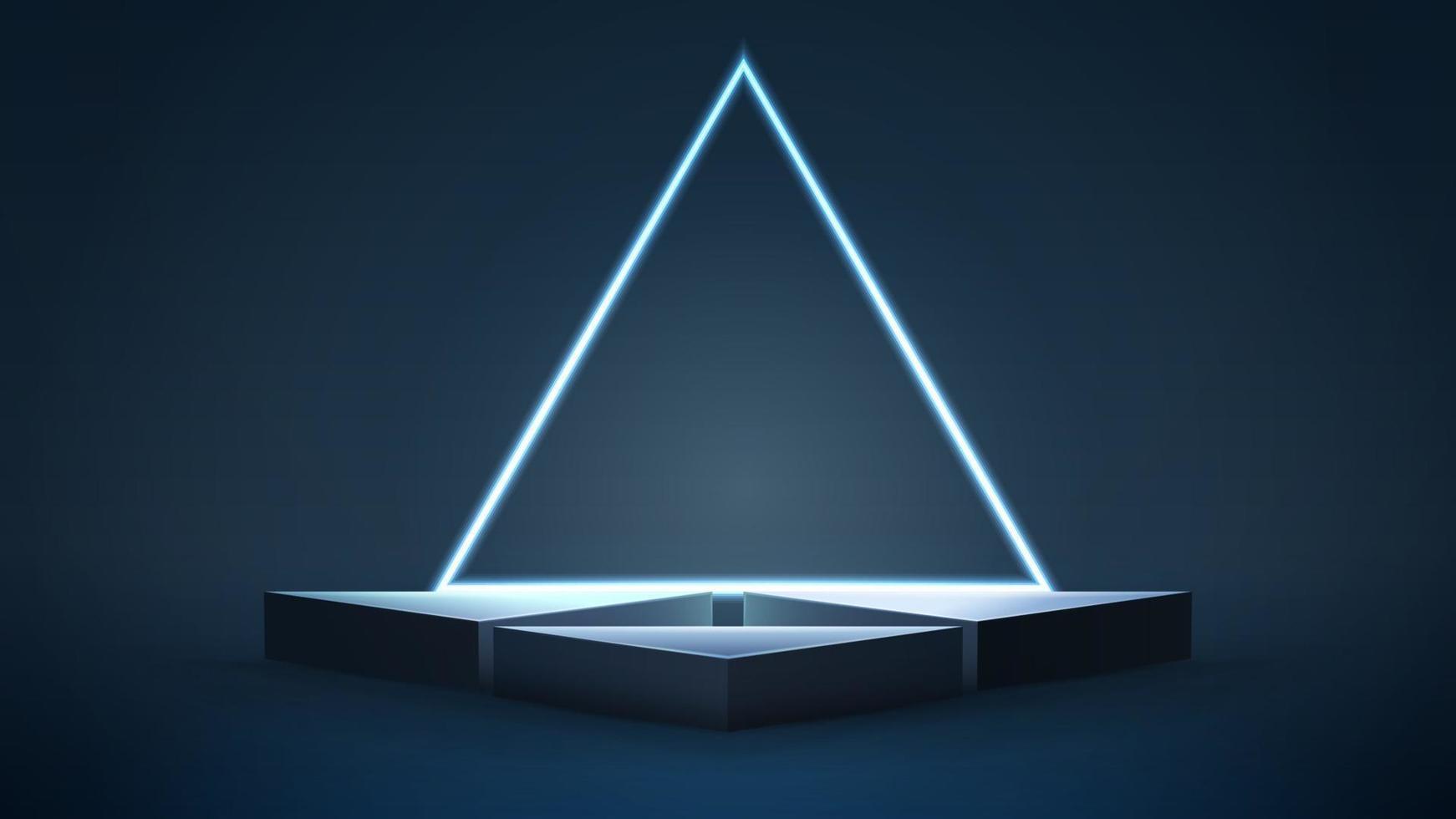 pódios triangulares azuis vazios com moldura triangular neon vetor