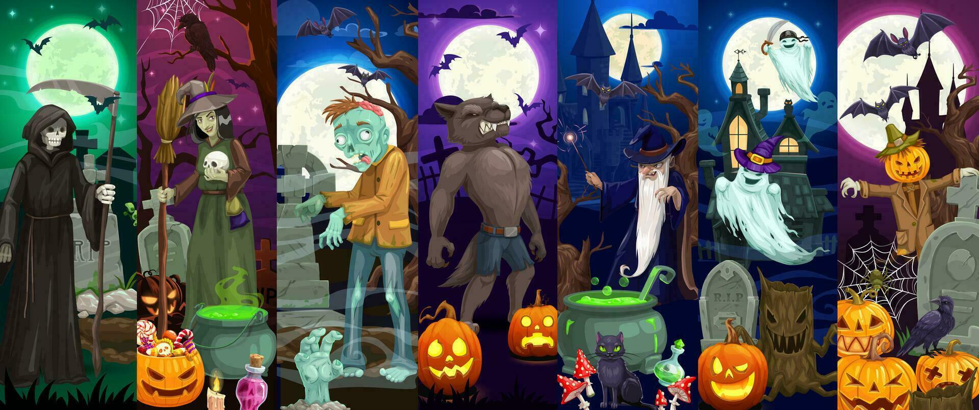 desenho animado dia das Bruxas feriado assustador monstro personagens vetor