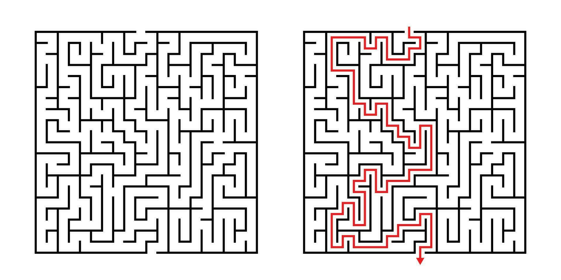 vetor quadrado Labirinto - labirinto com incluído solução dentro Preto vermelho. engraçado educacional mente jogos para coordenação, problemas resolvendo, decisão fazer Habilidades teste.