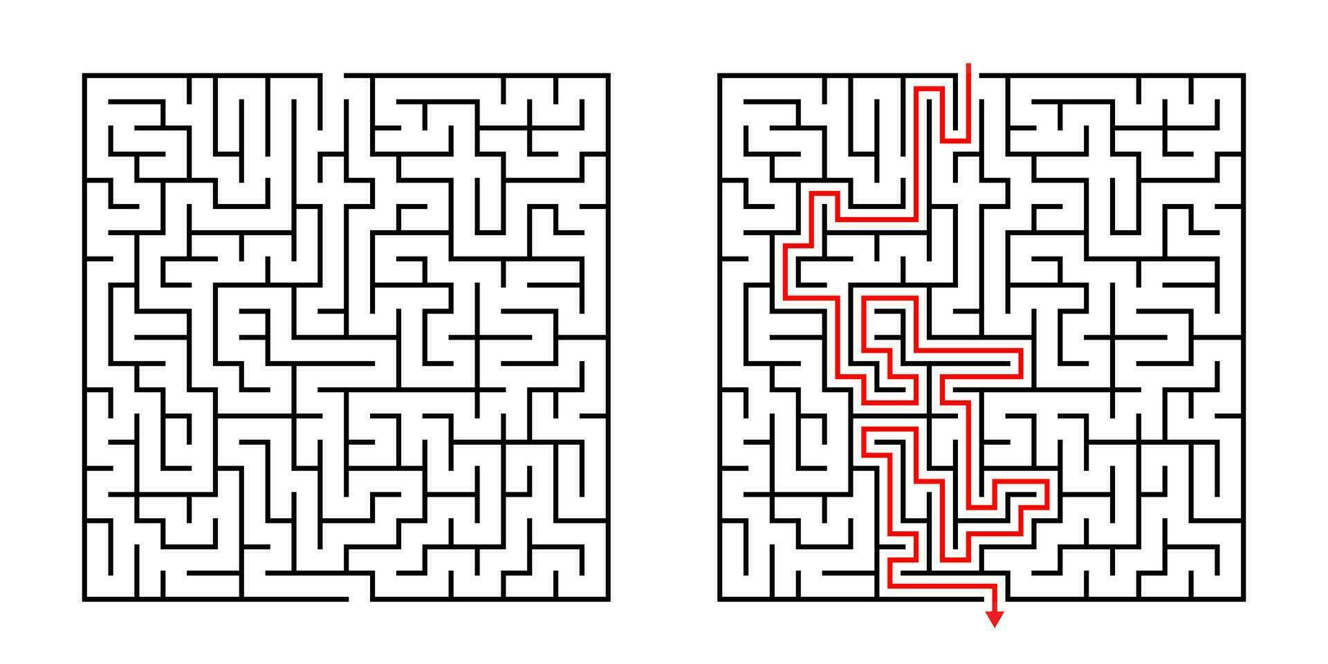 vetor quadrado Labirinto - labirinto com incluído solução dentro Preto vermelho. engraçado educacional mente jogos para coordenação, problemas resolvendo, decisão fazer Habilidades teste.