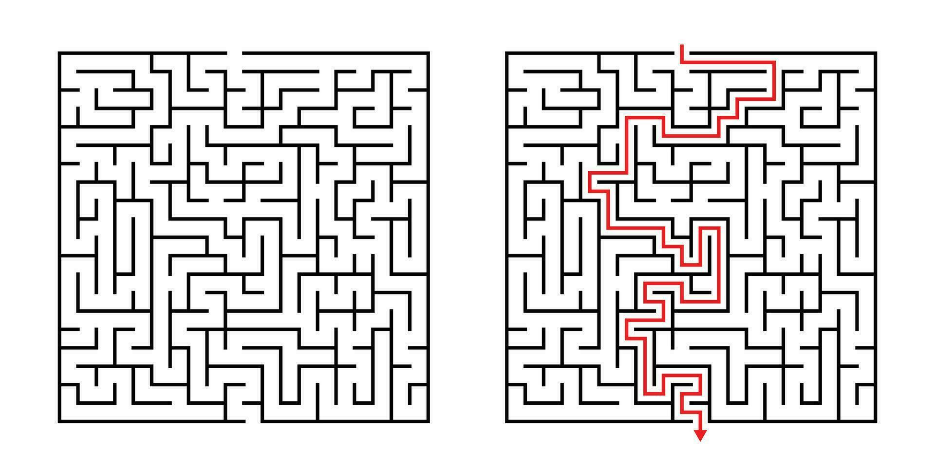 vetor quadrado Labirinto - labirinto com incluído solução dentro Preto vermelho. engraçado educacional mente jogos para coordenação, problemas resolvendo, decisão fazer Habilidades teste.