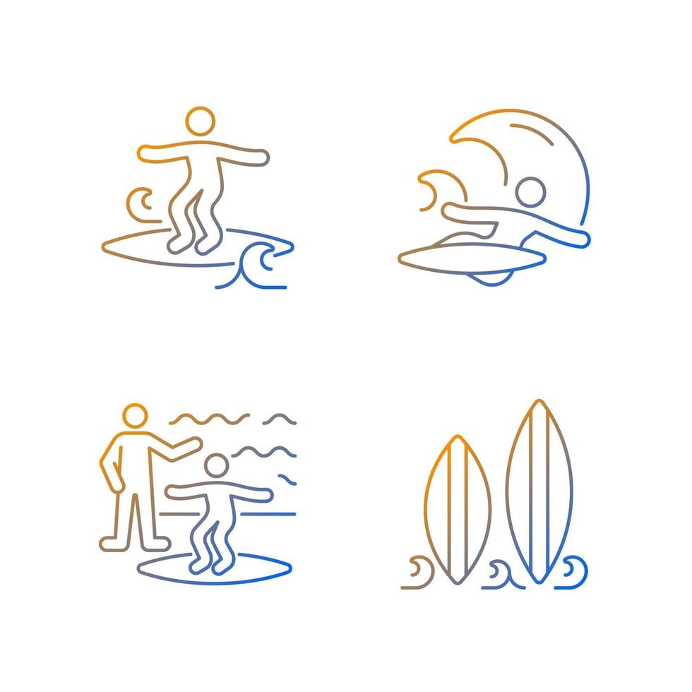 conjunto de ícones de vetor linear gradiente de prancha de surfe