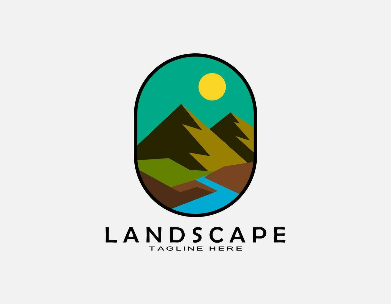 lindo panorama logotipo isolado de Preto linha. dois montanhas com Sol e rio. mínimo Projeto adequado para animais selvagens, aventura, viagem. vetor