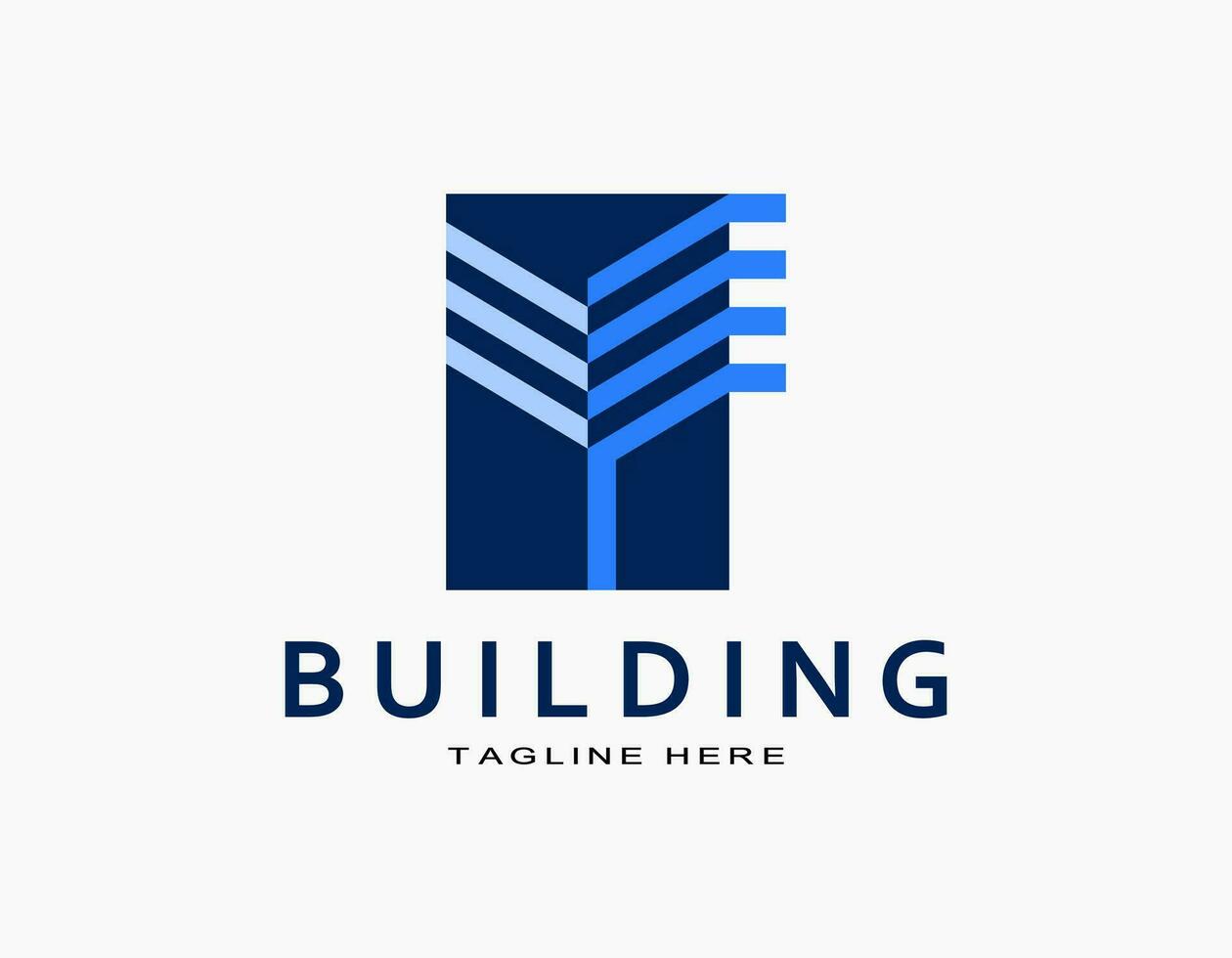 elegante construção logotipo dentro a azul retângulo. vetor este se assemelha carta sim ícone com solidariedade conceito. luxo Projeto para empresa, arquitetura, desenvolvedor, residência, apartamento.