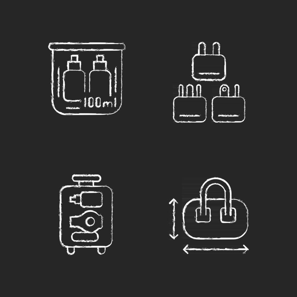 ícones de giz branco no essencial para viagens portáteis em fundo escuro vetor