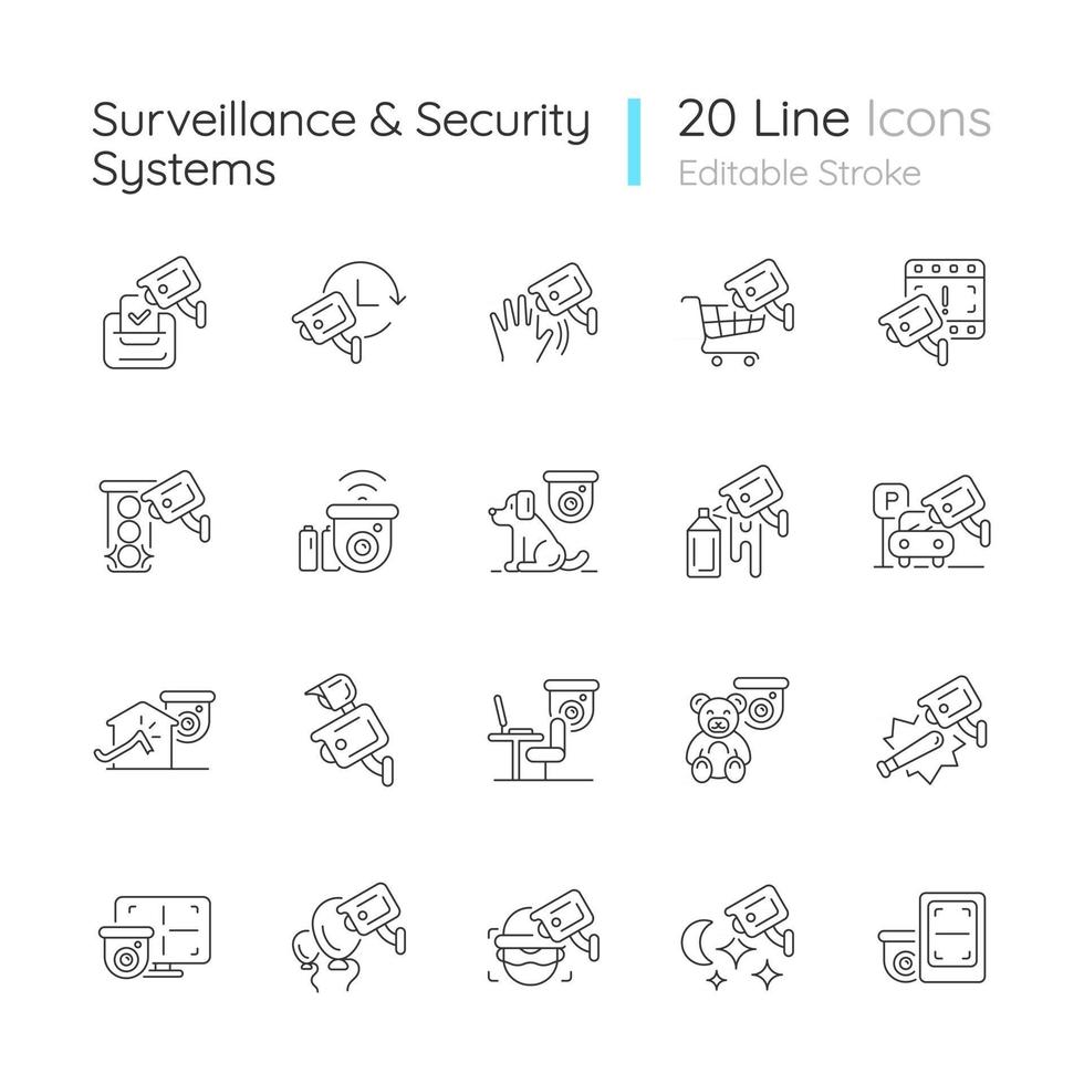 conjunto de ícones lineares de sistemas de vigilância e segurança vetor