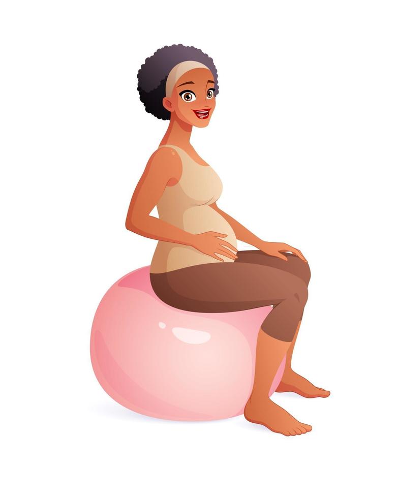 mulher grávida africana sentada na ilustração vetorial de fitball vetor