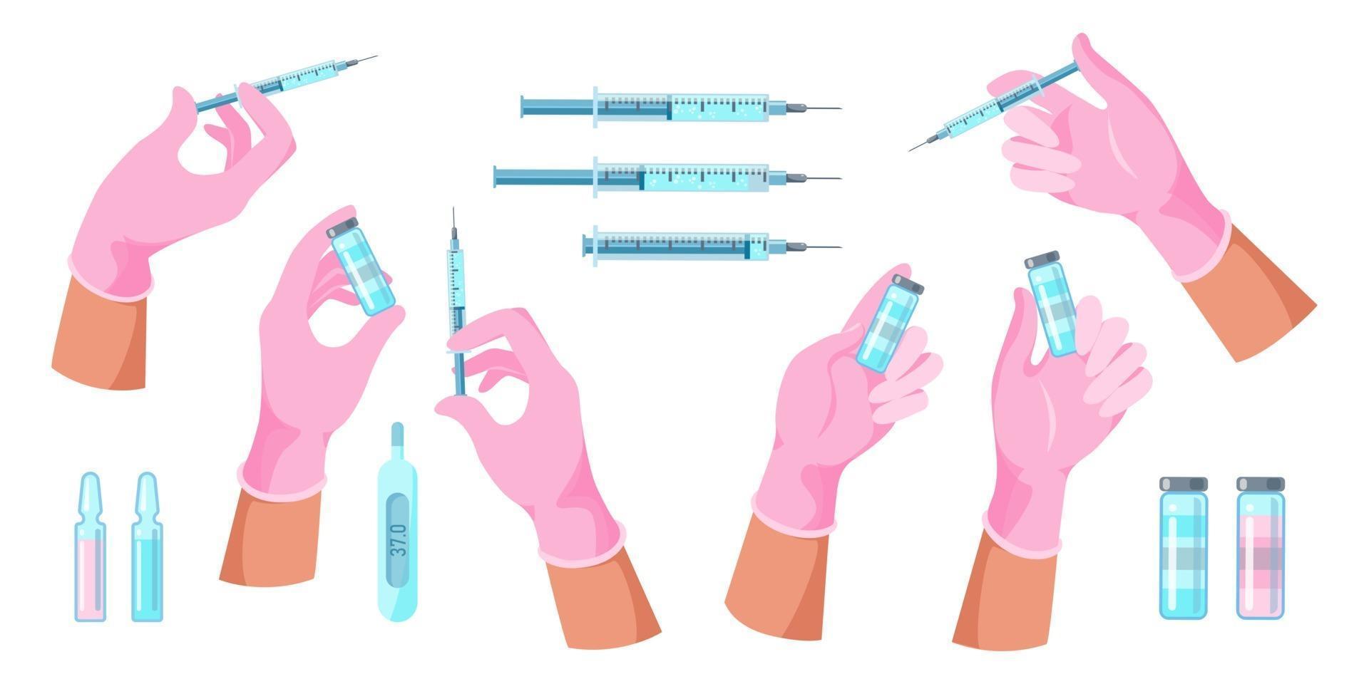 mãos do médico com seringa, frasco com vacina vetor