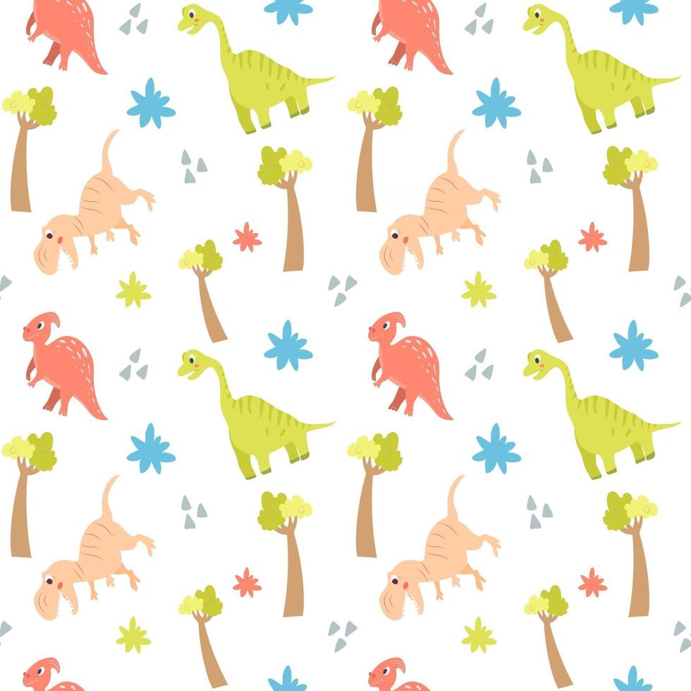 padrão sem emenda com dinossauros bonitos e árvores em um fundo branco. vetor
