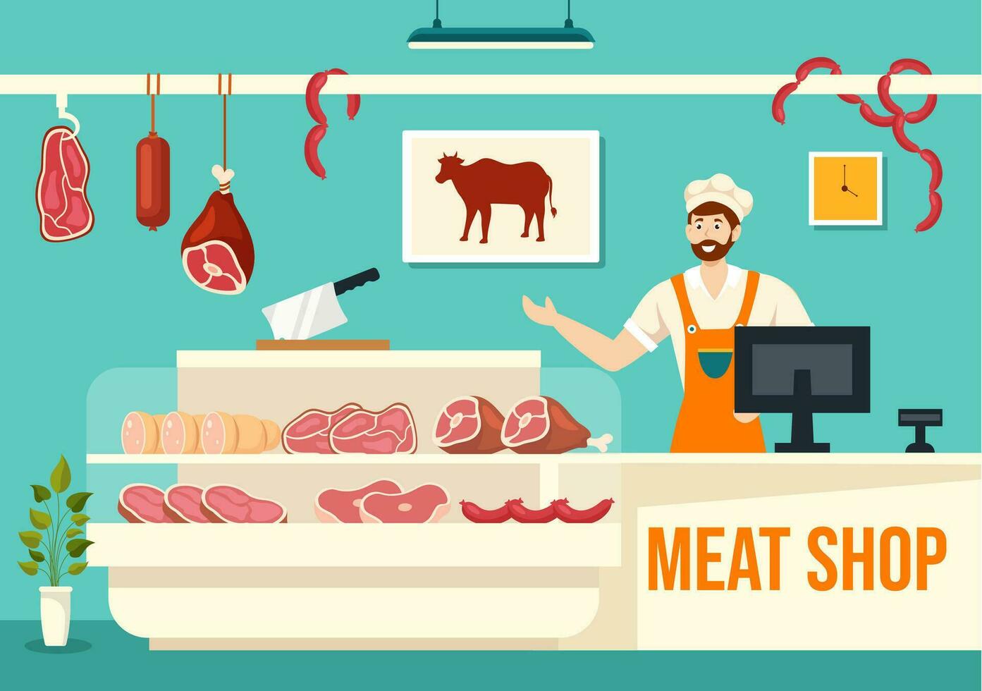 carne fazer compras ou mercado vetor ilustração com vários fresco carnes produtos e salsichas do carne carne de porco frango dentro plano desenho animado fundo Projeto