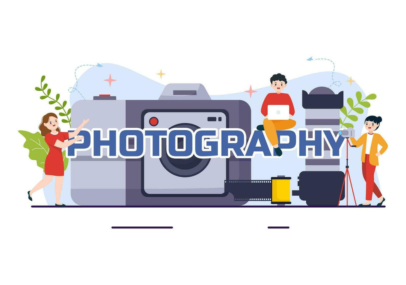 fotografia vetor ilustração com Câmera e equipamento para capturar viagem, turismo, aventura e recordações dentro uma plano desenho animado fundo Projeto