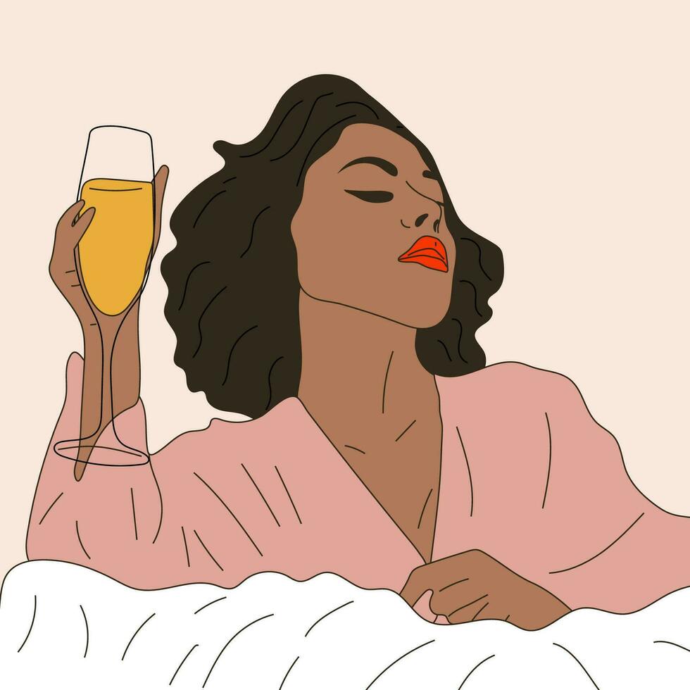 uma mulher bebidas uma vidro do champanhe dentro cama. vetor. vinho Tempo vetor