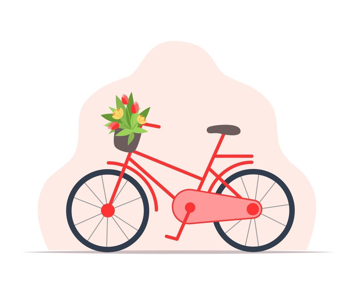 bicicleta vermelha feminina com uma cesta de flores vetor