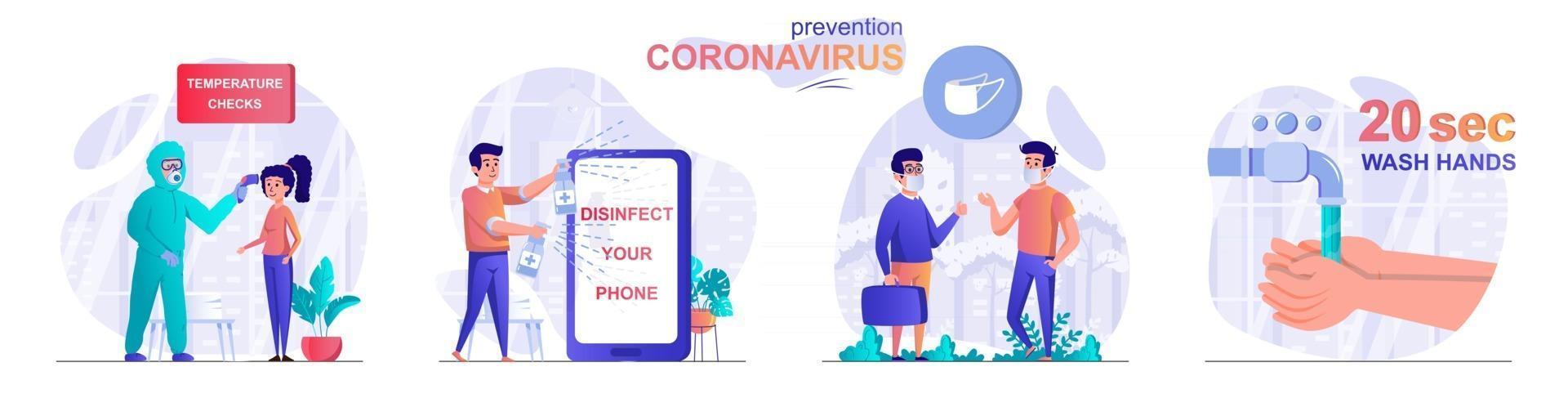 conjunto de cenas de conceito de prevenção de coronavírus vetor