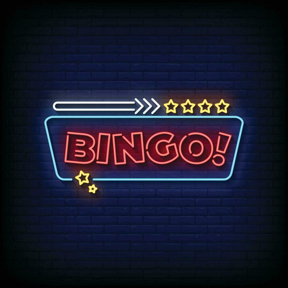 néon placa Bingo com tijolo parede fundo vetor