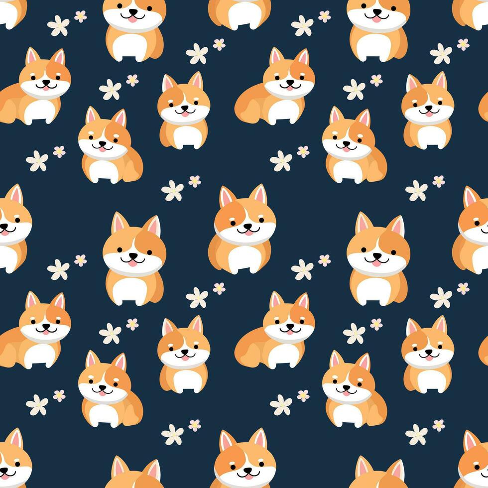 desenho animado Shiba inu cachorro desatado padronizar em Sombrio azul fundo. padronizar para impressão em tecido, roupas, invólucro papel, fundo para sites e formulários. vetor