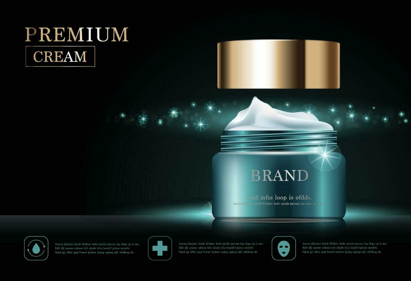 hidratante facial creme para anual venda ou festival oferta. verde e ouro creme mascarar garrafa isolado em dourado luz fundo. gracioso Cosmético Publicidades, ilustração. vetor