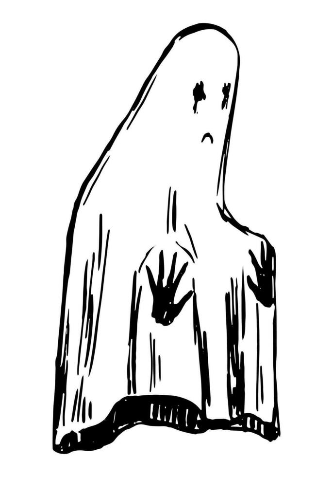 fantasma triste assustador fantasma monstro doodle. dia das Bruxas mão desenhado vetor ilustração dentro retro estilo. Sombrio tema tinta esboço isolado em branco.