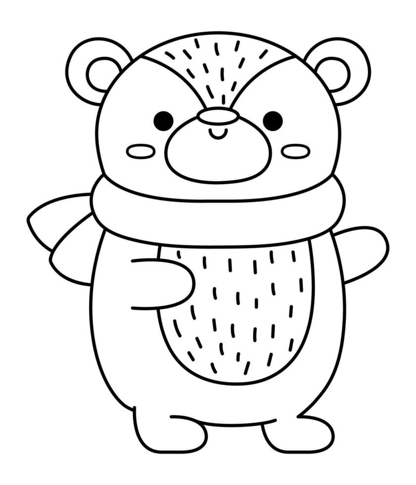 vetor Preto e branco kawaii Urso dentro lenço. fofa Natal animal personagem ilustração isolado em branco fundo. Novo ano ou inverno sorridente Urso de pelúcia. engraçado linha ícone, coloração página