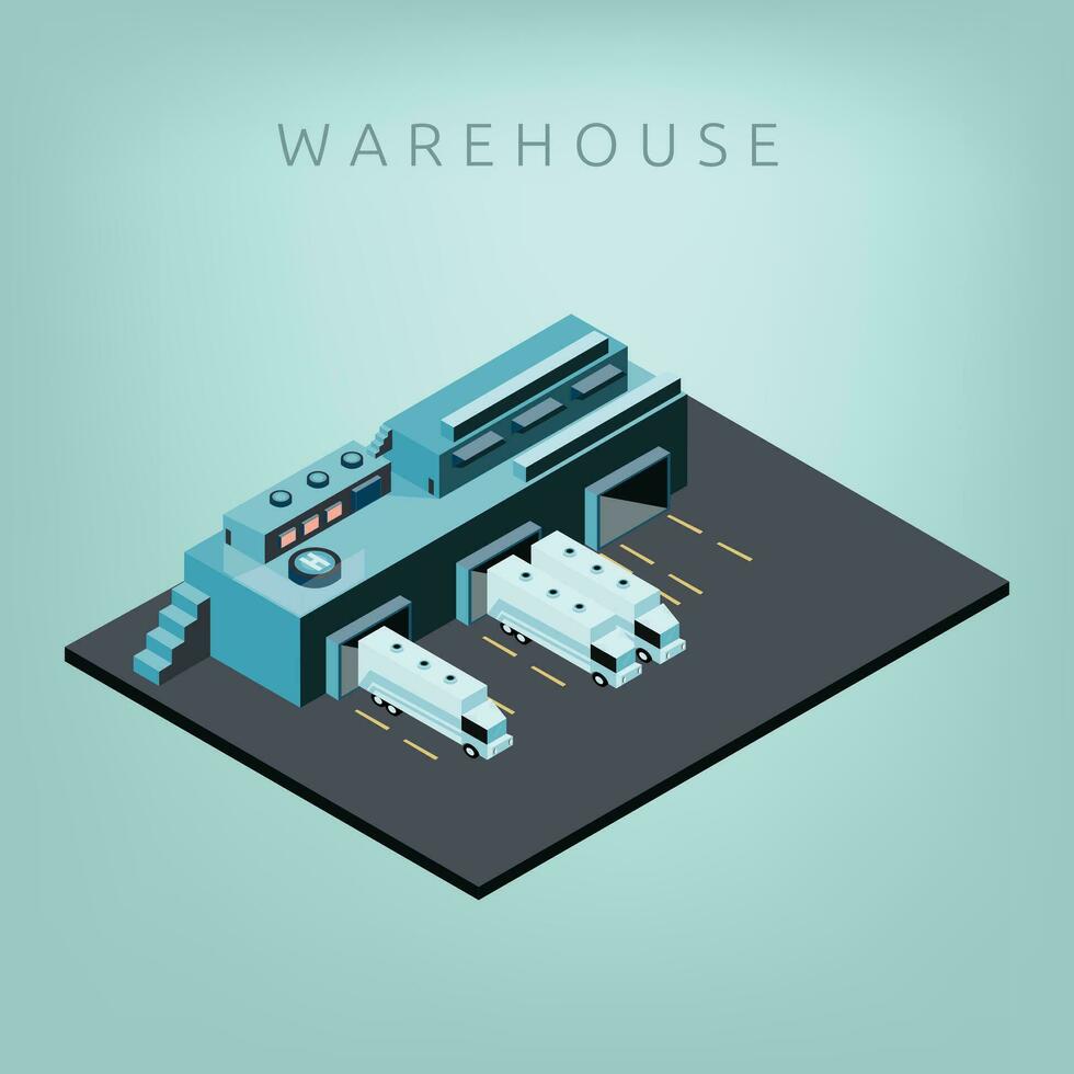 isométrico armazém com caminhões vetor ilustração