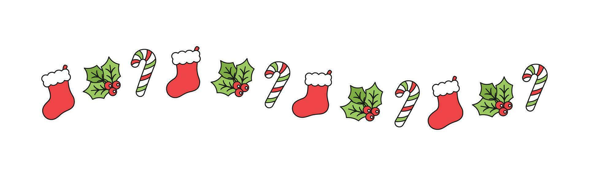 Natal temático decorativo ondulado linha fronteira e texto divisor, Natal meia, doce bengala e visco padronizar. vetor ilustração.