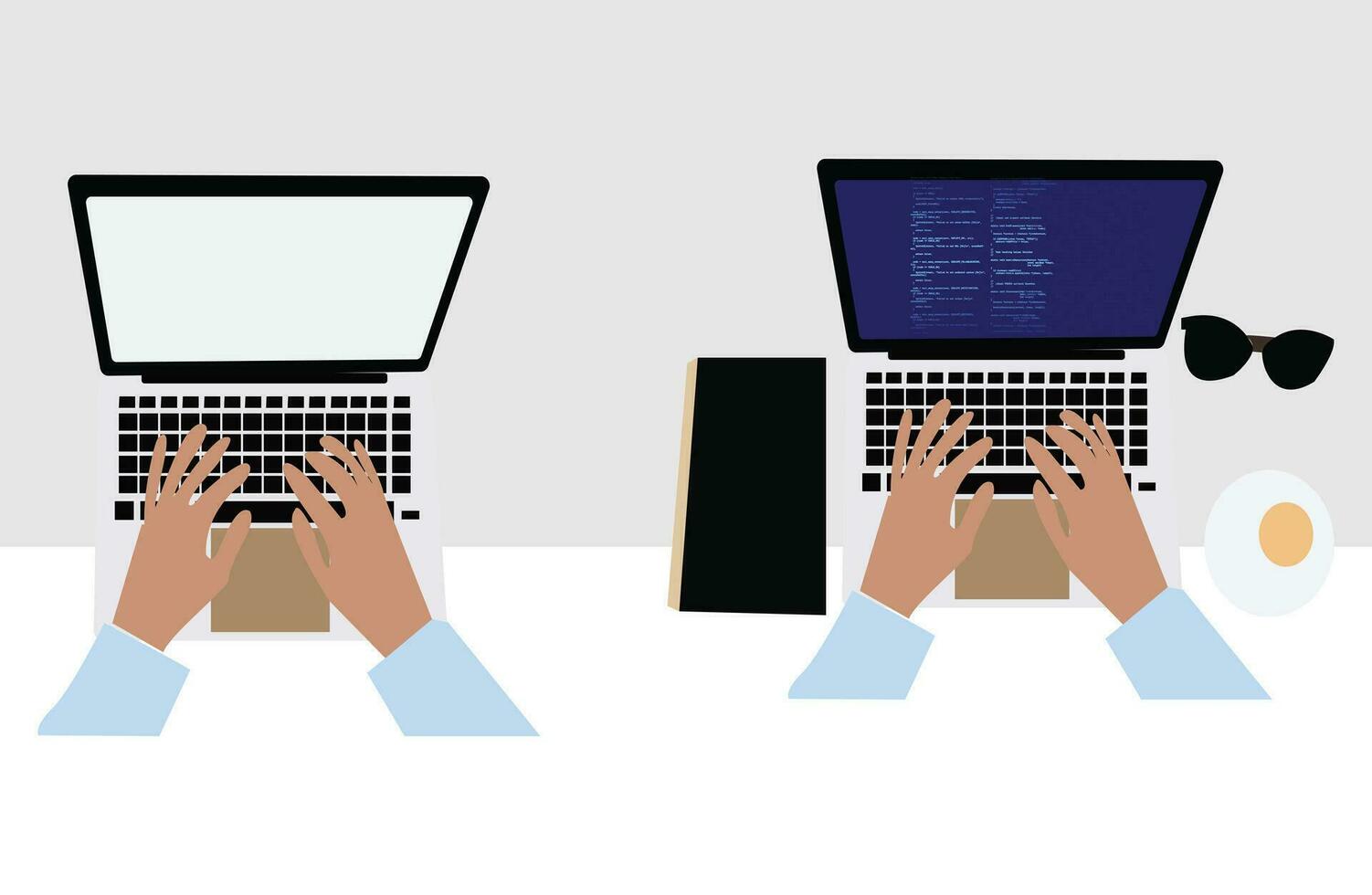 vetor ilustração do uma programadores escrivaninha computador tela, e fonte código idéia do uma codificação escrivaninha ou Programas desenvolvimento estude freelancer ou escritório trabalho