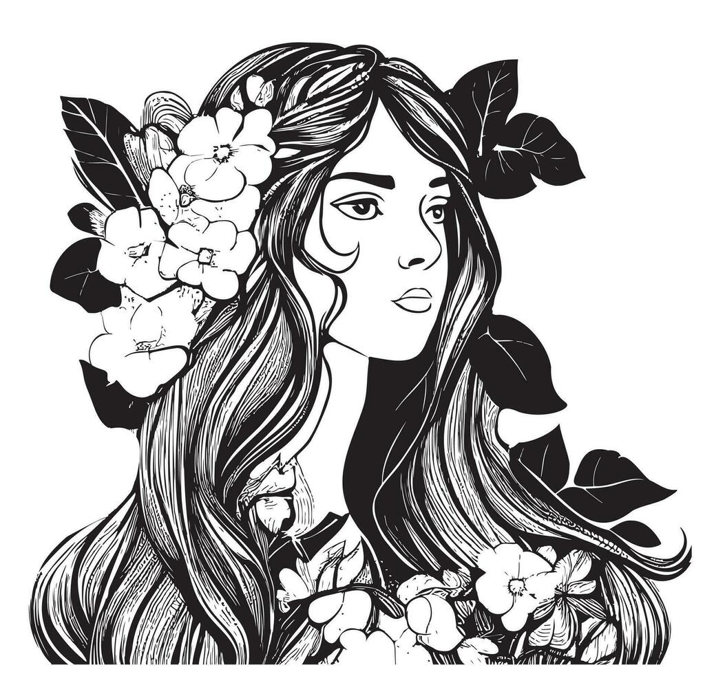 retrato do uma menina com grandes cabelo esboço.flores dentro cabelo Preto e branco ilustração.vetor vetor