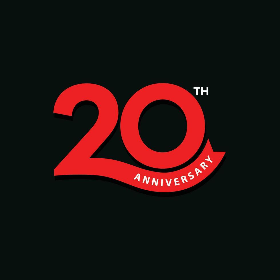 vermelho cor 20 aniversário logotipo Projeto em Preto fundo. 20 anos aniversário ícone, carimbo, rótulo com fita. aniversário celebração cumprimento cartão placa e símbolo do número 20. vetor