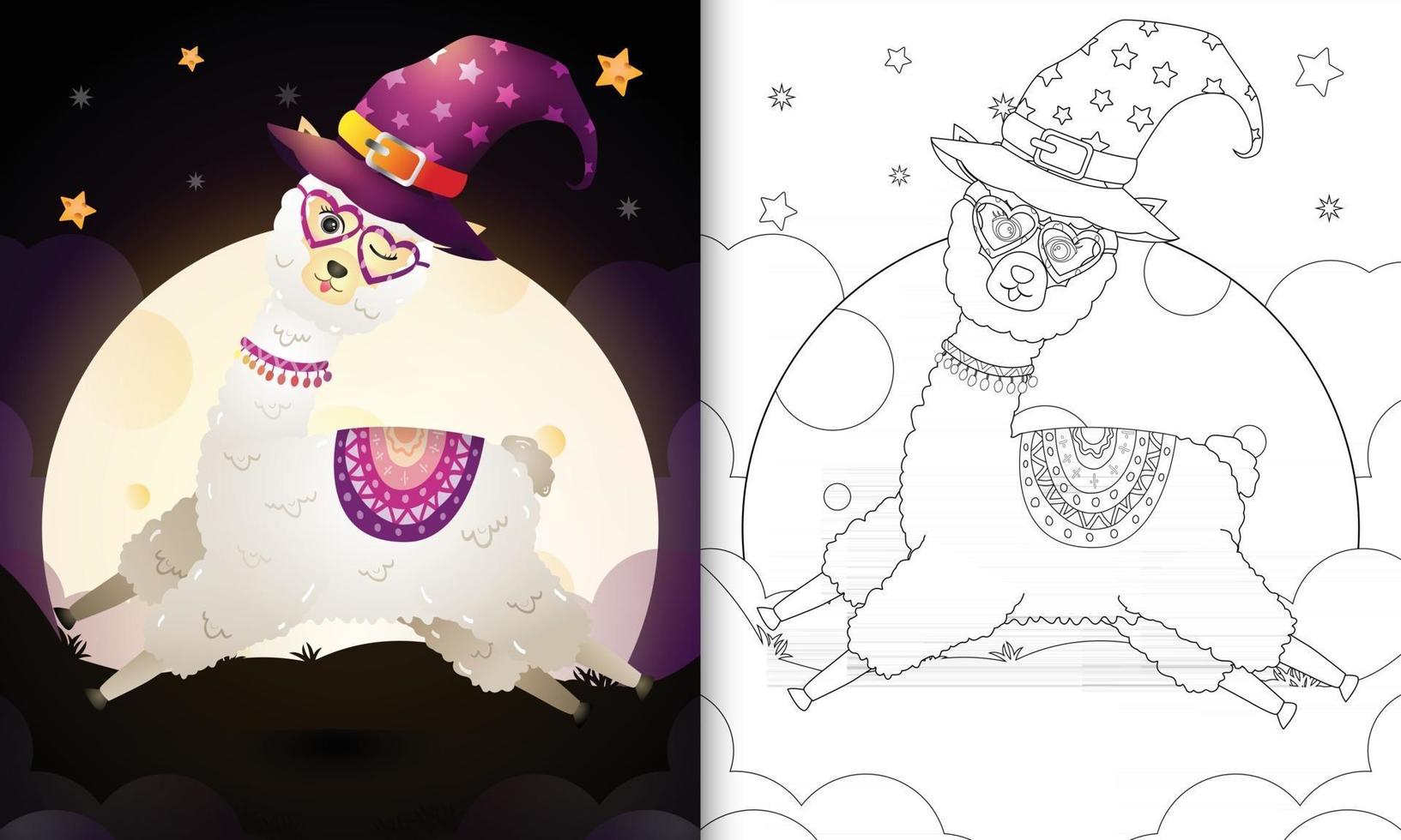 livro para colorir com um desenho fofo de halloween bruxa alpaca vetor